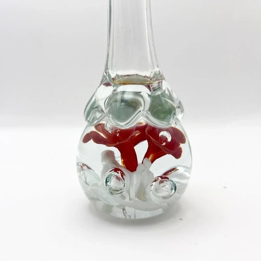 Vintage St. Clair Hand Blown Art Glass Red Tulip White Floral Vase Collectible